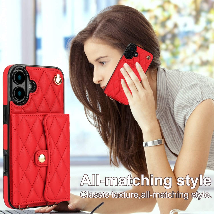 For iPhone 16 Plus Crossbody Rhombic Horizontal Wallet Leather Phone Case(Red)