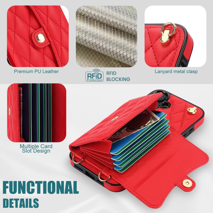 For iPhone 16 Plus Crossbody Rhombic Horizontal Wallet Leather Phone Case(Red)
