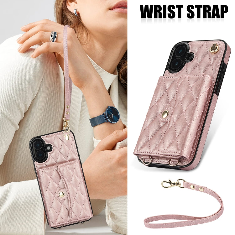 For iPhone 16 Plus Crossbody Rhombic Horizontal Wallet Leather Phone Case(Rose Gold)