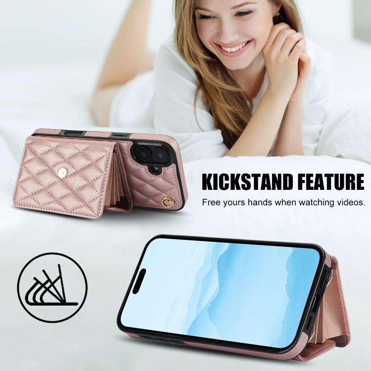 For iPhone 16 Plus Crossbody Rhombic Horizontal Wallet Leather Phone Case(Rose Gold)