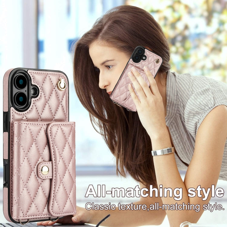 For iPhone 16 Plus Crossbody Rhombic Horizontal Wallet Leather Phone Case(Rose Gold)