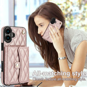 For iPhone 16 Plus Crossbody Rhombic Horizontal Wallet Leather Phone Case(Rose Gold)
