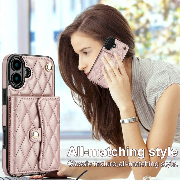 For iPhone 16 Plus Crossbody Rhombic Horizontal Wallet Leather Phone Case(Rose Gold)
