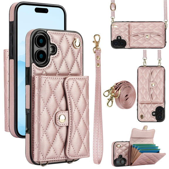 For iPhone 16 Plus Crossbody Rhombic Horizontal Wallet Leather Phone Case(Rose Gold)