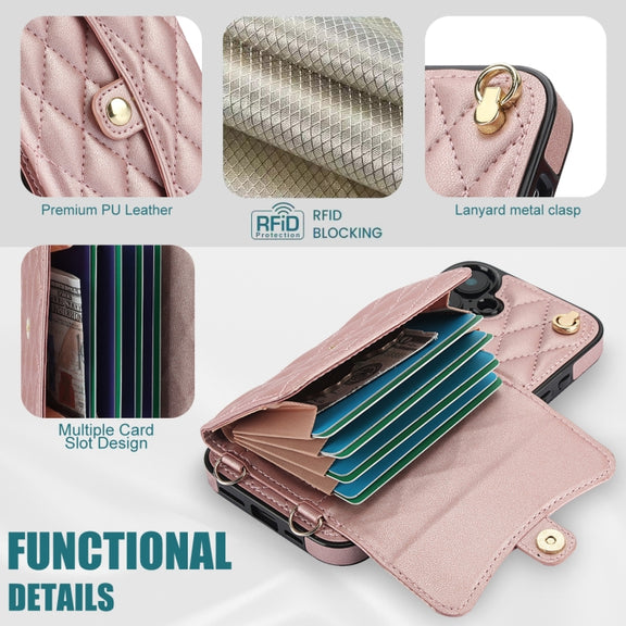 For iPhone 16 Plus Crossbody Rhombic Horizontal Wallet Leather Phone Case(Rose Gold)