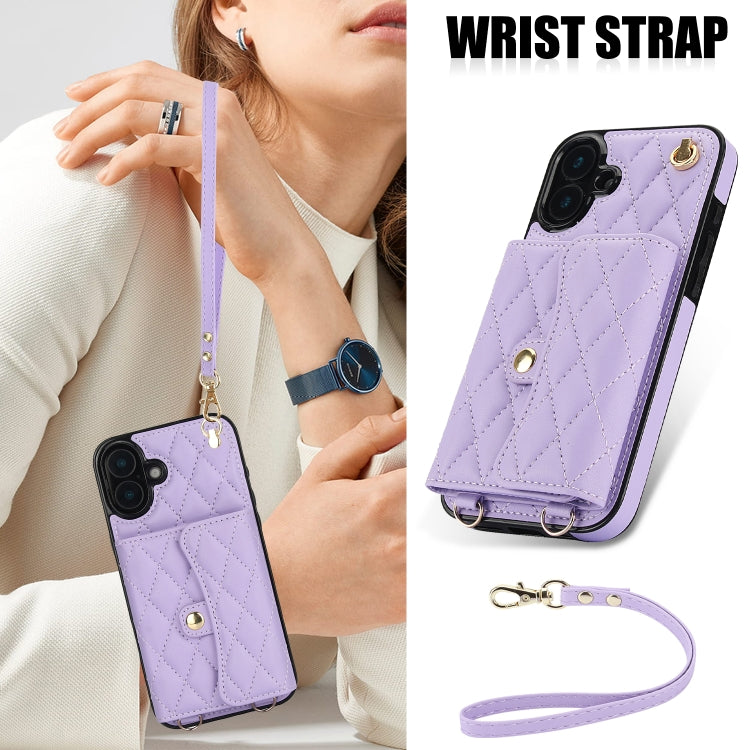 For iPhone 16 Plus Crossbody Rhombic Horizontal Wallet Leather Phone Case(Purple)