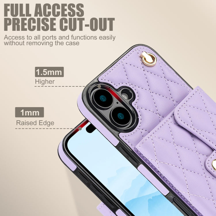 For iPhone 16 Plus Crossbody Rhombic Horizontal Wallet Leather Phone Case(Purple)