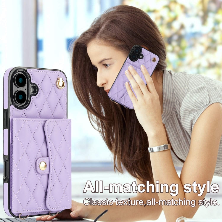 For iPhone 16 Plus Crossbody Rhombic Horizontal Wallet Leather Phone Case(Purple)