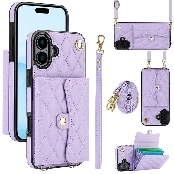 For iPhone 16 Plus Crossbody Rhombic Horizontal Wallet Leather Phone Case(Purple)