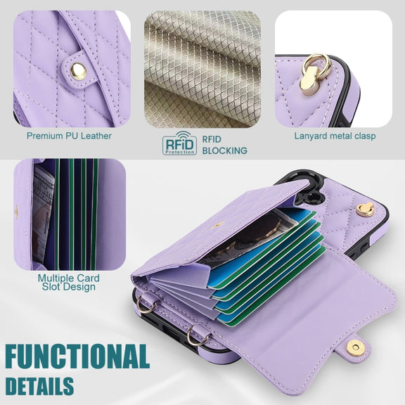 For iPhone 16 Plus Crossbody Rhombic Horizontal Wallet Leather Phone Case(Purple)
