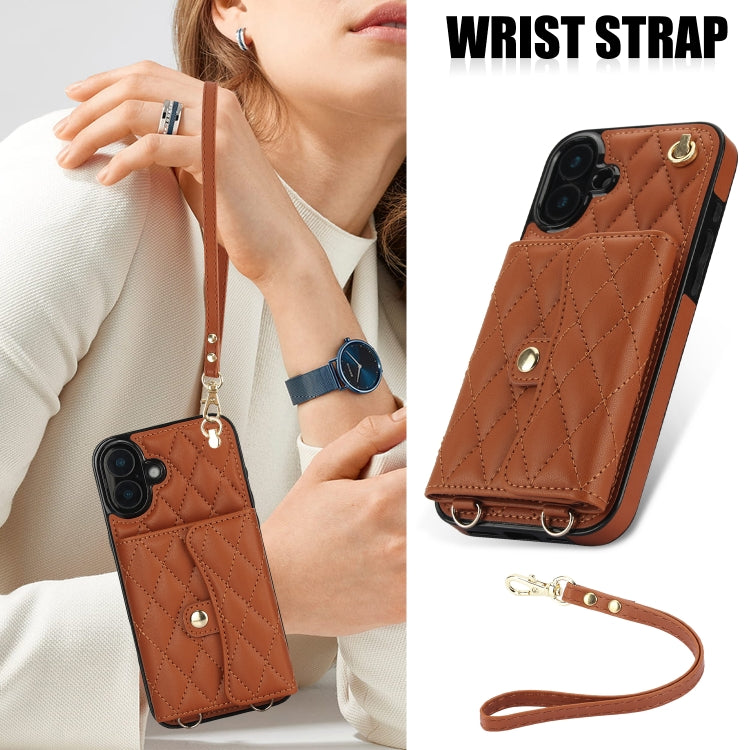For iPhone 16 Plus Crossbody Rhombic Horizontal Wallet Leather Phone Case(Brown)