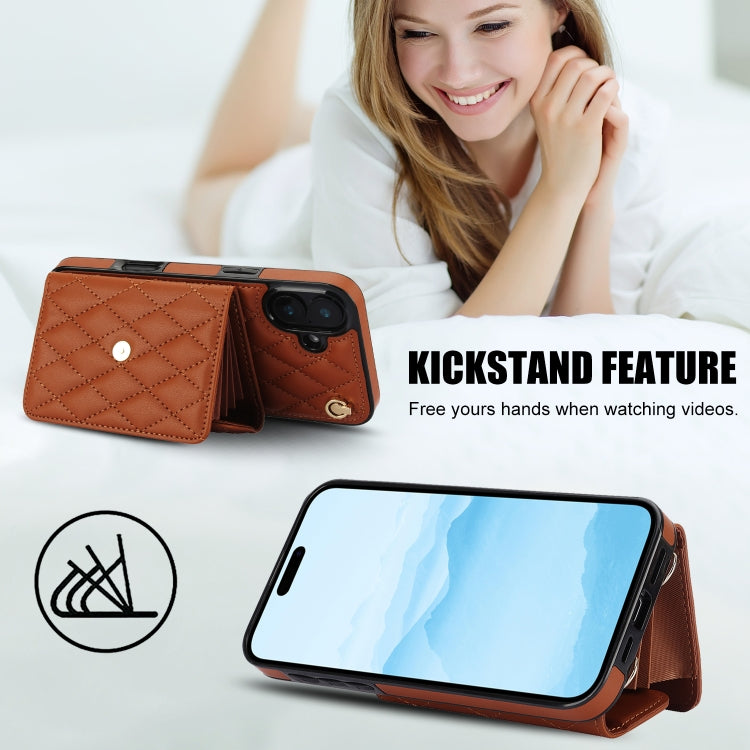 For iPhone 16 Plus Crossbody Rhombic Horizontal Wallet Leather Phone Case(Brown)