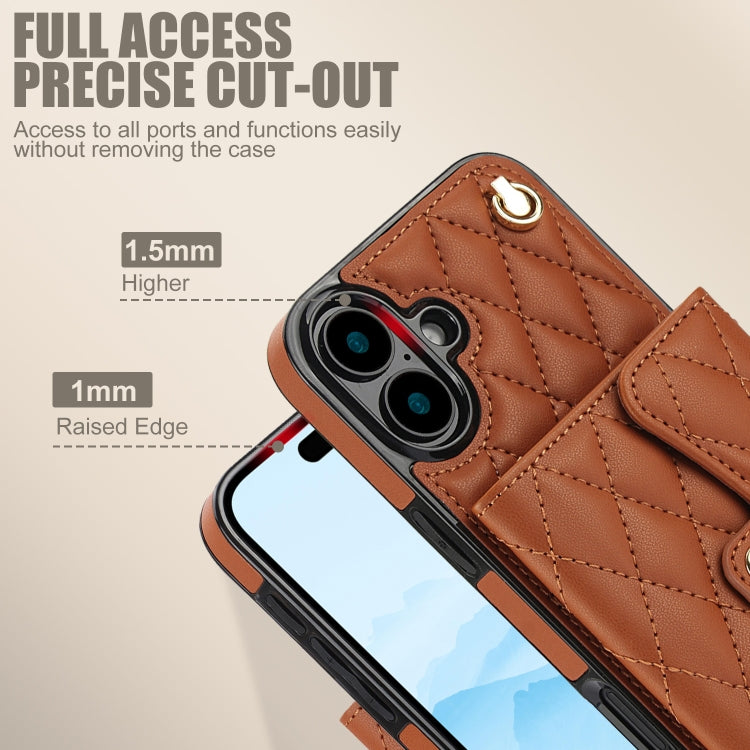 For iPhone 16 Plus Crossbody Rhombic Horizontal Wallet Leather Phone Case(Brown)
