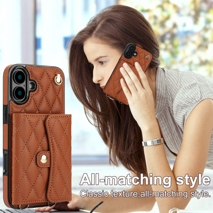 For iPhone 16 Plus Crossbody Rhombic Horizontal Wallet Leather Phone Case(Brown)