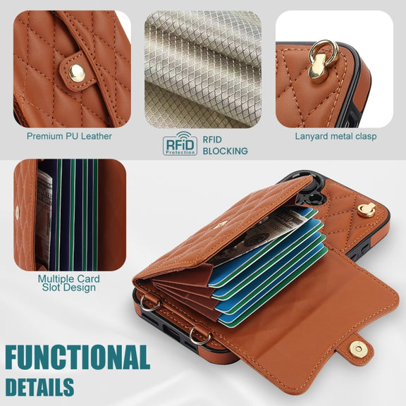 For iPhone 16 Plus Crossbody Rhombic Horizontal Wallet Leather Phone Case(Brown)