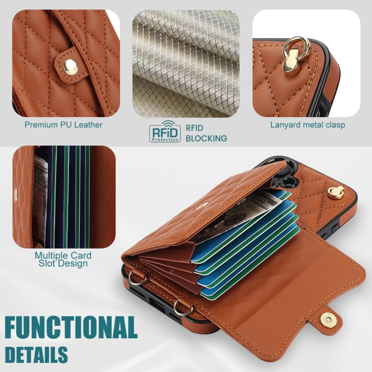 For iPhone 16 Plus Crossbody Rhombic Horizontal Wallet Leather Phone Case(Brown)