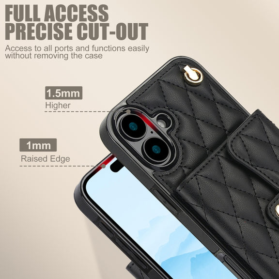 For iPhone 16 Crossbody Rhombic Horizontal Wallet Leather Phone Case(Black)