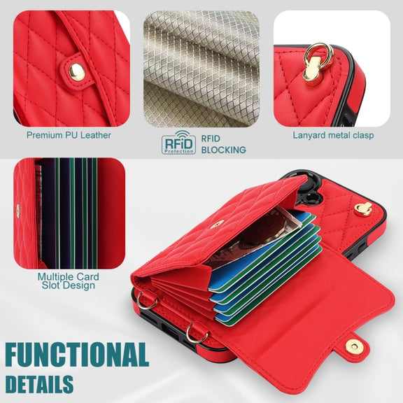 For iPhone 16 Crossbody Rhombic Horizontal Wallet Leather Phone Case(Red)