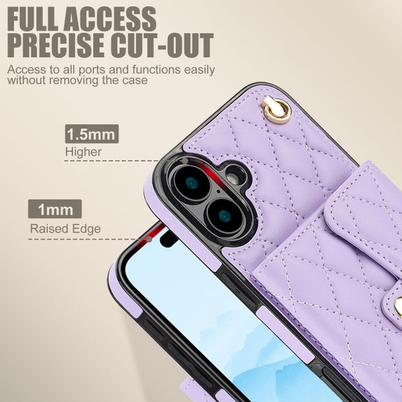 For iPhone 16 Crossbody Rhombic Horizontal Wallet Leather Phone Case(Purple)