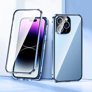 For iPhone 15 Plus Magnetic Double-buckle HD Tempered Glass Phone Case(Blue)