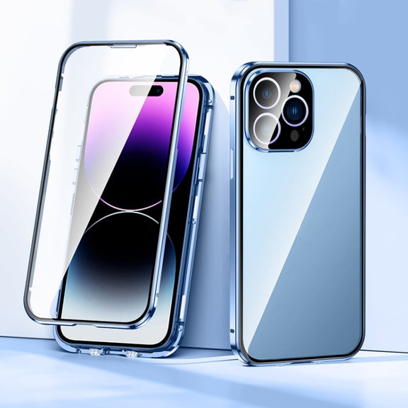 For iPhone 15 Plus Magnetic Double-buckle HD Tempered Glass Phone Case(Blue)