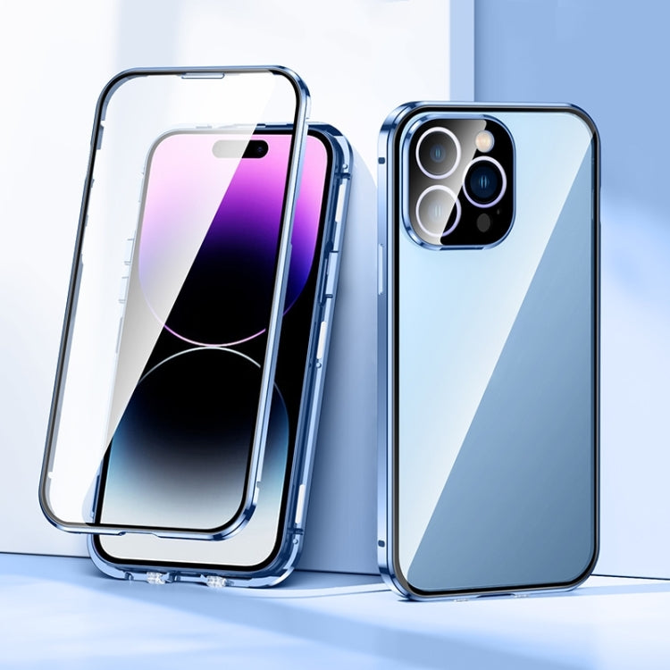 For iPhone 15 Plus Magnetic Double-buckle HD Tempered Glass Phone Case(Blue)