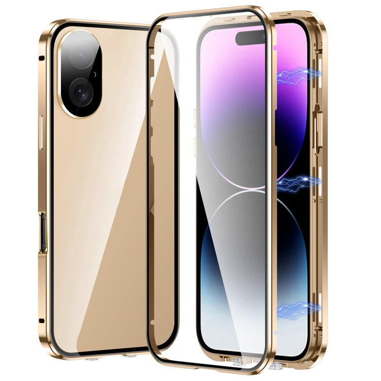 For iPhone 16 Plus Magnetic Double-buckle HD Tempered Glass Phone Case(Gold)