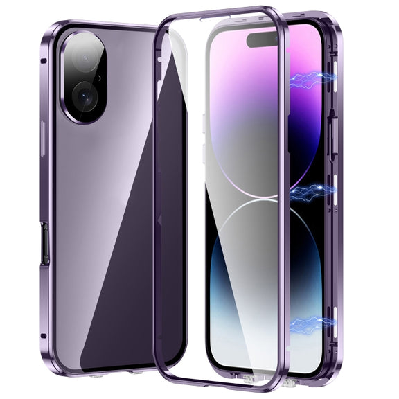 For iPhone 16 Plus Magnetic Double-buckle HD Tempered Glass Phone Case(Purple)