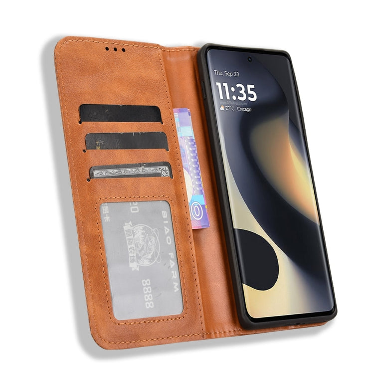 For Motorola Edge 2024 5G Magnetic Buckle Retro Texture Leather Phone Case(Brown)