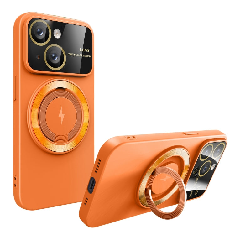 For iPhone 13 Large Window MagSafe Magnetic Holder Phone Case(Orange)