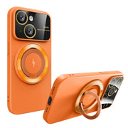 For iPhone 13 Large Window MagSafe Magnetic Holder Phone Case(Orange)