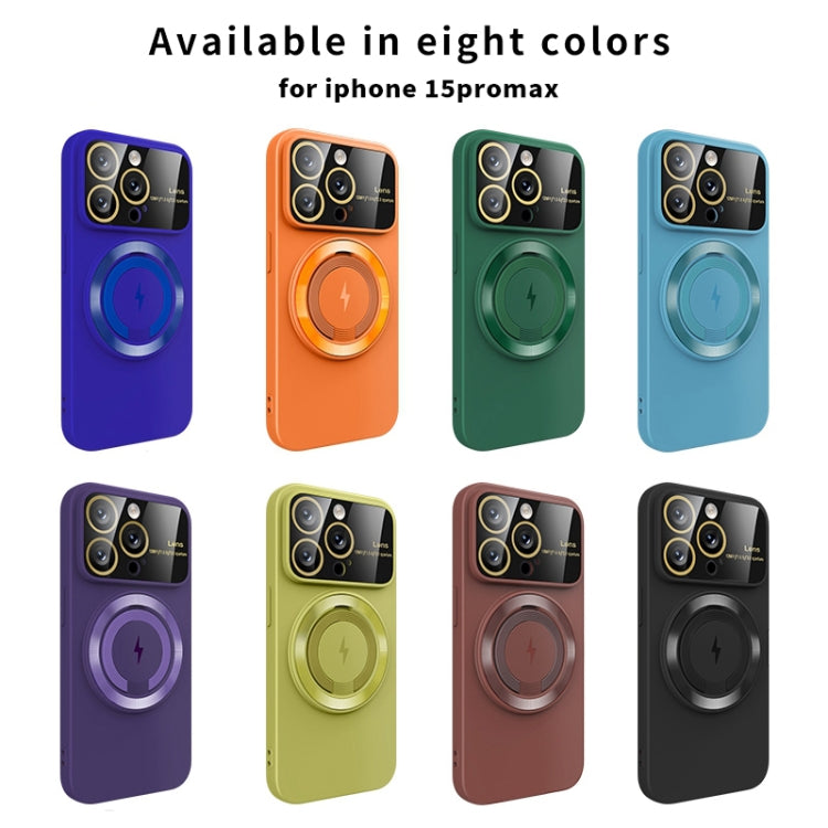 For iPhone 14 Plus Large Window MagSafe Magnetic Holder Phone Case(Dark Green)