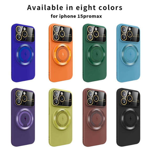 For iPhone 14 Plus Large Window MagSafe Magnetic Holder Phone Case(Dark Green)