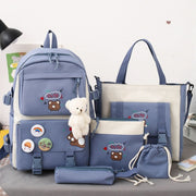 5pcs/Set Student Schoolbags, Lightweight and Cute Girls Backpack with Bear(Blue)