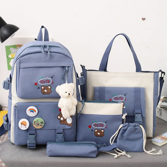 5pcs/Set Student Schoolbags, Lightweight and Cute Girls Backpack with Bear(Blue)