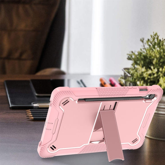 For Samsung Galaxy Tab S9 Shockproof Silicone Hybrid PC Tablet Case with Holder(Rose Gold)
