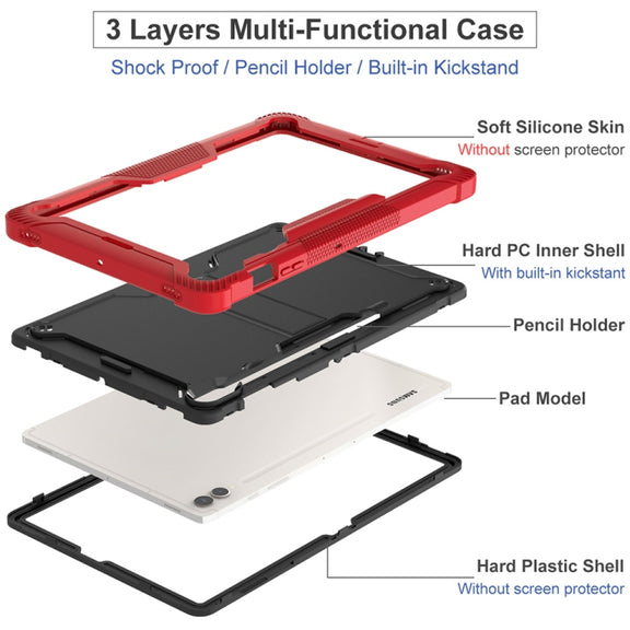 For Samsung Galaxy Tab S9+ Shockproof Silicone Hybrid PC Tablet Case with Holder(Black + Red)