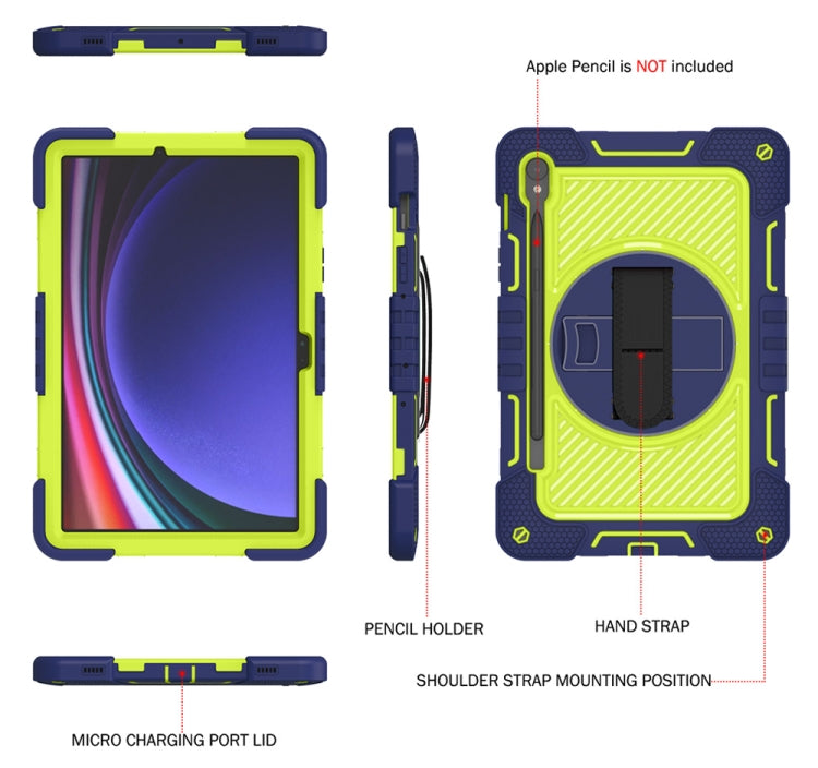 For Samsung Galaxy Tab S9 360 Degree Rotation PC Contrast Silicone Tablet Case(Navy Blue + Yellow Green)