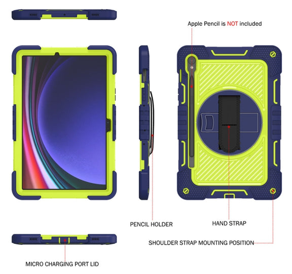 For Samsung Galaxy Tab S9 360 Degree Rotation PC Contrast Silicone Tablet Case(Navy Blue + Yellow Green)