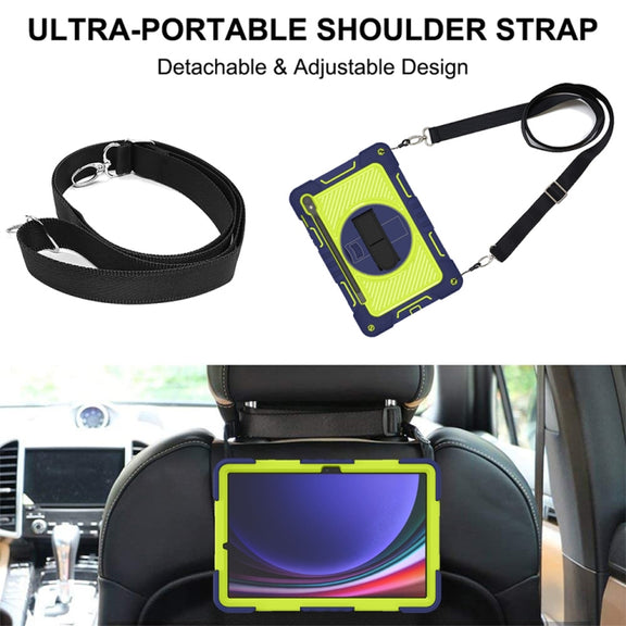 For Samsung Galaxy Tab S9 360 Degree Rotation PC Contrast Silicone Tablet Case(Navy Blue + Yellow Green)