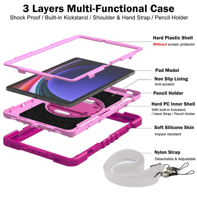 For Samsung Galaxy Tab S9 360 Degree Rotation PC Contrast Silicone Tablet Case(Rose Red + Pink)
