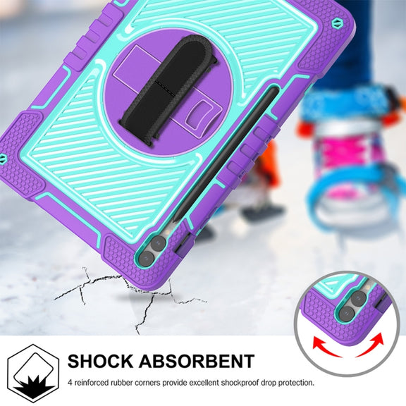 For Samsung Galaxy Tab S9+ 360 Degree Rotation PC Contrast Silicone Tablet Case(Purple + Mint Green)