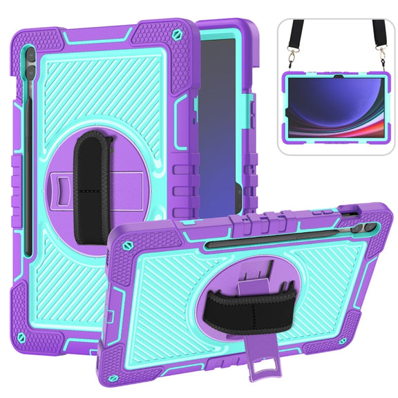 For Samsung Galaxy Tab S9+ 360 Degree Rotation PC Contrast Silicone Tablet Case(Purple + Mint Green)
