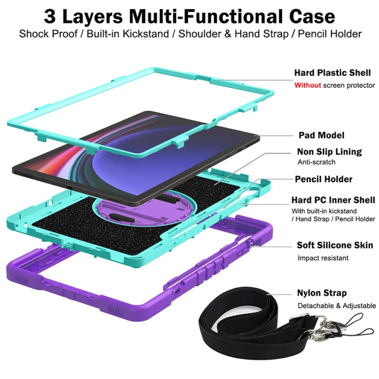 For Samsung Galaxy Tab S9+ 360 Degree Rotation PC Contrast Silicone Tablet Case(Purple + Mint Green)