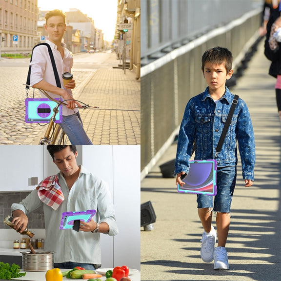 For Samsung Galaxy Tab S9+ 360 Degree Rotation PC Contrast Silicone Tablet Case(Purple + Mint Green)