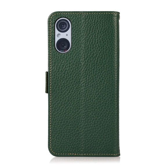 For Sony Xperia 5 V KHAZNEH Side-Magnetic Litchi Genuine Leather RFID Case(Green)