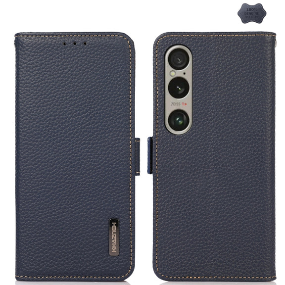 For Sony Xperia 1 VI KHAZNEH Side-Magnetic Litchi Genuine Leather RFID Case(Blue)
