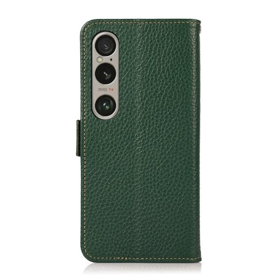 For Sony Xperia 1 VI KHAZNEH Side-Magnetic Litchi Genuine Leather RFID Case(Green)