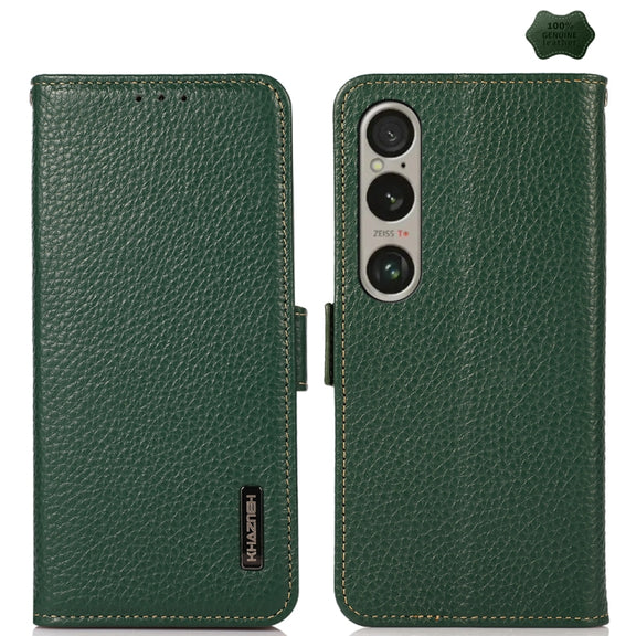 For Sony Xperia 1 VI KHAZNEH Side-Magnetic Litchi Genuine Leather RFID Case(Green)