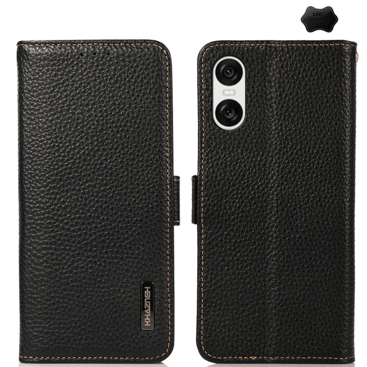 For Sony Xperia 10 VI KHAZNEH Side-Magnetic Litchi Genuine Leather RFID Case(Black)